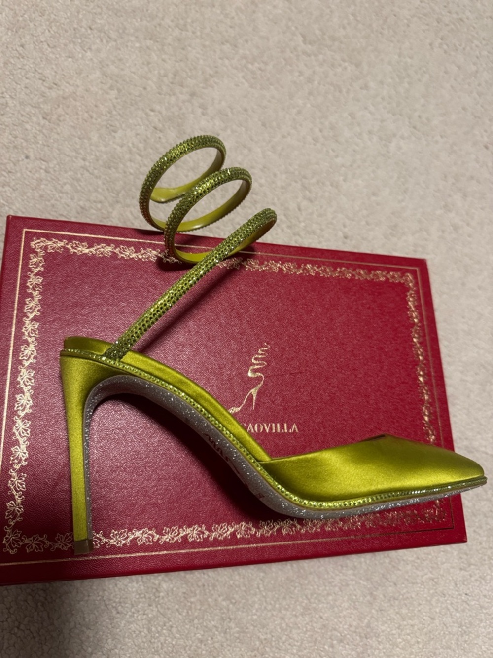 Rene Caovilla Chartreuse Satin Pointed-Toe Spiral Strap Pumps - Picture 2 of 4